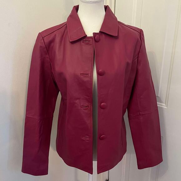 Dark Pink Raspberry Leather Button Down Collared Jacket Chadwick's Size 12 - Picture 1 of 3